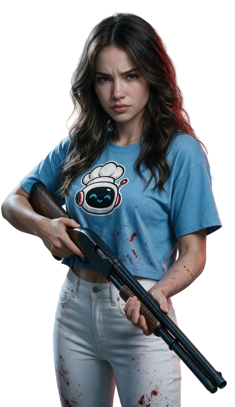 Elina, wearing her blue courier shirt, holds a shotgun with a determined expression.