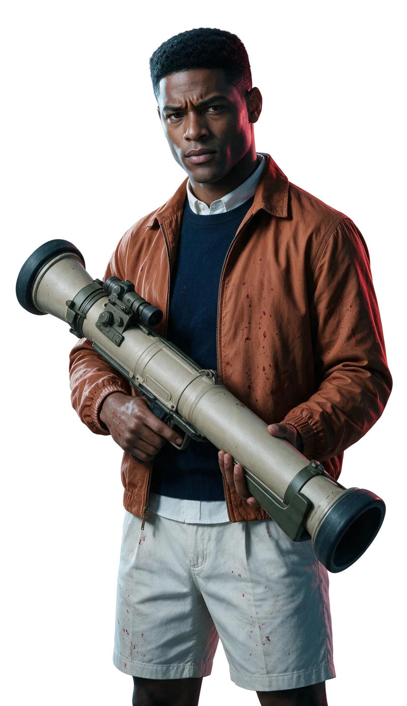 Isaiah wears an orange jacket and carries a launcher with a protective, determined expression.