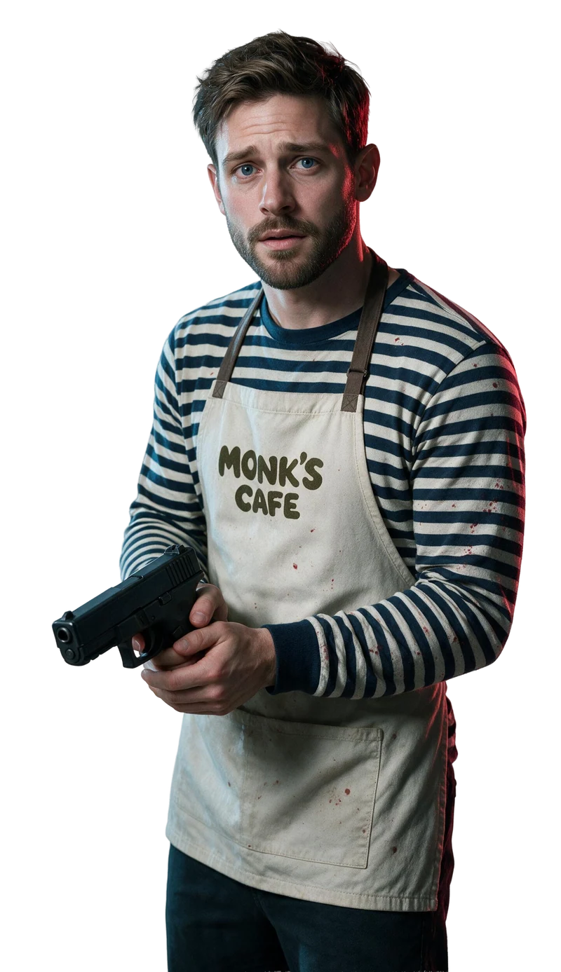 Miles wears his Monk's Café apron and carries a handgun cautiously.